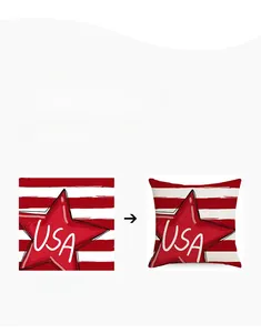 Detail of USA themed decorative pillow case with red star and stripes on linen fabric