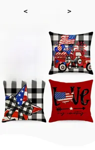 Set of four 4th of July linen pillow covers featuring USA patriotic prints and buffalo plaid