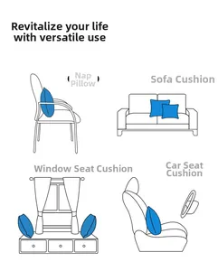 Blue linen pillowcase shown in four usage scenarios including sofa, car, office and window