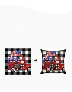 Detail of red truck buffalo plaid cushion cover for US Independence Day home decor