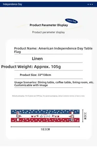 Linen Independence Day table runner details showing size 33cm width and 105g weight