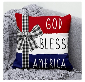 Detailed view of God Bless America linen pillow case with red blue stripes and bow