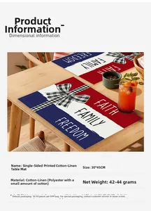 Detailed top view of Independence Day place mat with patriotic text on wooden table