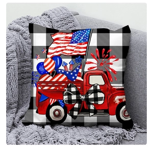 Detailed view of patriotic buffalo plaid pillow cover with retro red truck and flag design