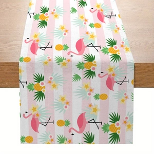 Hawaiian flamingo print table runner with pink stripes and tropical pineapple patterns