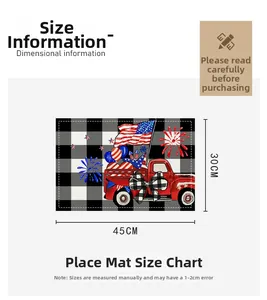 Tableau des tailles détaillé pour set de table Fête Nationale US avec camion et drapeau