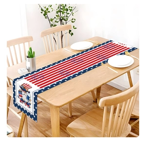 Detail of linen table runner with patriotic gnomes and fireworks for Independence Day