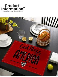Détail du set de table rouge avec texte God Bless America et cœur sur bois foncé