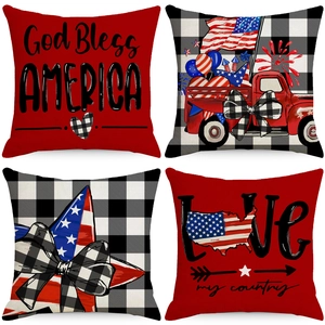 Independence Day Linen Throw Pillow Covers American Flag Red Truck Buffalo Plaid Decorative Cushion Cases For Sofa Home Decor