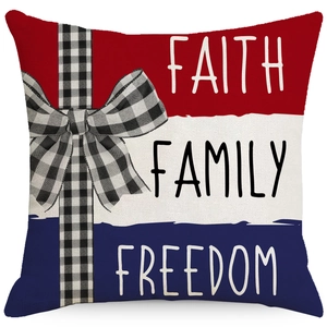 Linen Independence Day pillow cover featuring patriotic stripes and Faith Family Freedom text