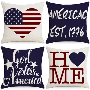 Patriotic Independence Day Linen Pillowcase American Flag Stars Stripes Heart Decorative Square Cushion Cover For Home Sofa