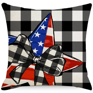 American Independence Day linen pillowcase with buffalo plaid and star pattern