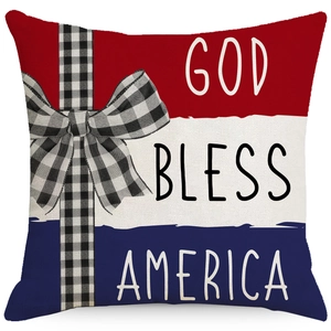 Linen American Flag throw pillow case with God Bless America text and plaid bow