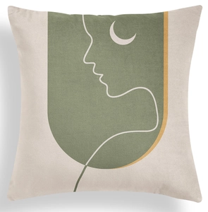 Detail of Nordic geometric cushion cover with green abstract female profile design