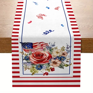 Patriotic Independence Day table runner with red roses and American flag print on linen