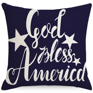 God Bless America printed navy blue linen pillowcase with stars for Independence Day decor