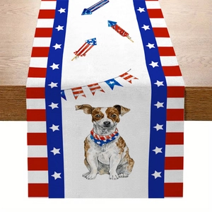 Independence Day table runner with patriotic dog and fireworks on a dark wood table
