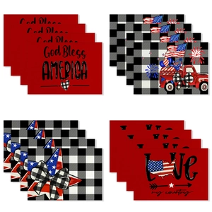 Set de Table Jour de l'Indépendance en Polyester Résistant à la Chaleur Camion Rouge Carreaux Buffalo God Bless America Imprimé Étoile Déco Table