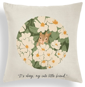 Detail of Nordic geometric green cushion cover with cute squirrel and floral print