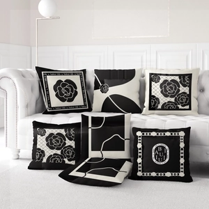 Housse de Coussin Minimaliste en Polyester Noir Blanc Camélia Imprimé Géométrique Moderne pour Canapé Salon Décoration
