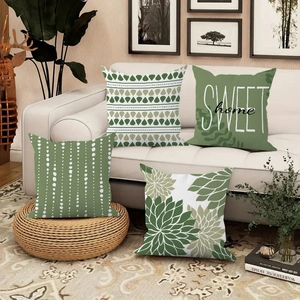 Set of 4 modern green geometric and floral print pillow covers for living room sofa