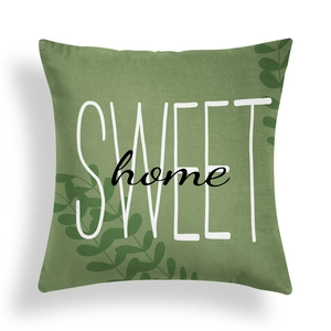 Green geometric square pillowcase with sweet home lettering and leaf patterns