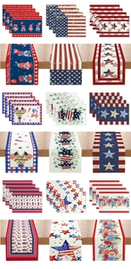 Detailed close-up of Independence Day table runner set with red white blue linen texture