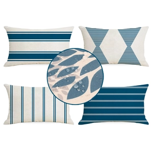 Set of four blue and white geometric waterproof linen pillow covers with water droplets