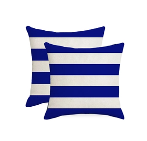 Close-up of waterproof linen pillow covers with blue and white geometric stripes