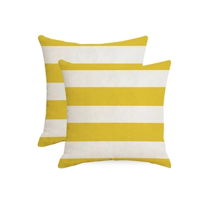 Detail of yellow and white striped square linen pillow covers in a two-piece set