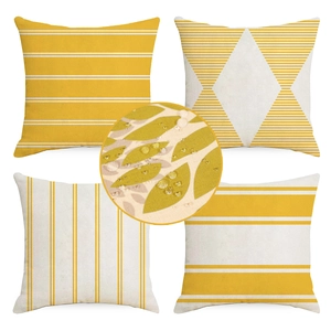Set of 4 yellow and white geometric waterproof linen outdoor pillow covers with leaf texture