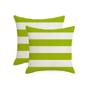 Close-up of set of two green and white striped waterproof linen outdoor cushion covers