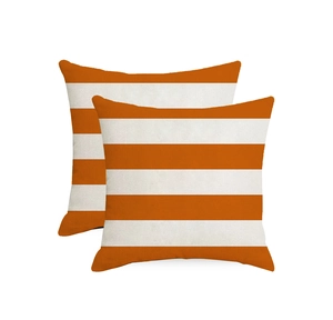 Detail of waterproof linen outdoor pillow covers with orange and white geometric stripes
