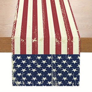 Vintage American flag table runner with red stripes and blue star print on linen fabric
