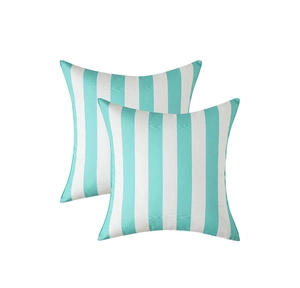 Close-up of geometric vertical turquoise and white striped linen waterproof pillow covers
