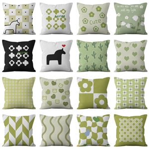 Modern Green Geometric Flower Printed Short Plush Pillowcase Soft Decorative Square Cushion Cover For Sofa Home Decor