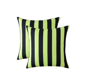 Close-up of set of two square neon green and black striped outdoor waterproof pillow covers