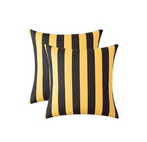 Detailed view of yellow and black vertical striped waterproof linen outdoor pillow covers