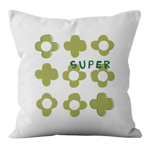 Square white pillowcase featuring a green geometric flower matrix and central SUPER text