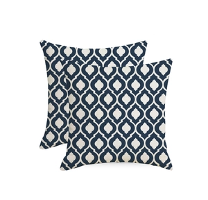 Close-up of set of 2 waterproof navy blue Moroccan trellis outdoor linen pillow covers