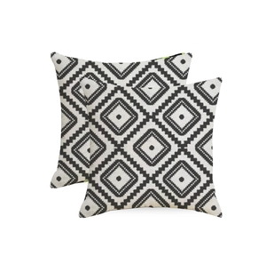 Detail showing the heavy duty linen fabric and black geometric pattern of the pillowcase