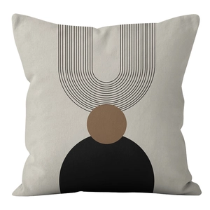 Detail of Nordic geometric cushion cover with brown circle and abstract black arch pattern
