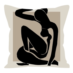 Macro view of geometric brown cushion cover featuring abstract female silhouette art
