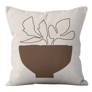 Detailed texture of minimalist brown leaf line art on square linen throw pillow cover