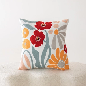 Minimalist square throw pillow cover with floral embroidery on white lamb wool stool