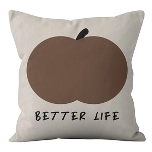 Close-up of square pillowcase featuring brown abstract art and Better Life text