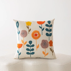 Square floral embroidered cushion cover with colorful textured daisies for sofa decor