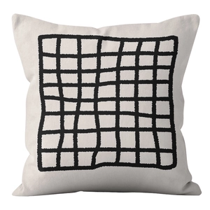 Detail of Nordic brown geometric grid pillowcase with hand-drawn texture on cream canvas