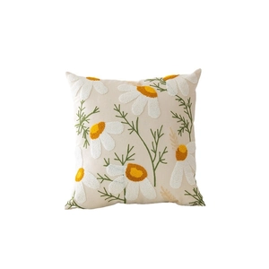 Square beige pillow cover with 3D daisy flower embroidery for sofa decor