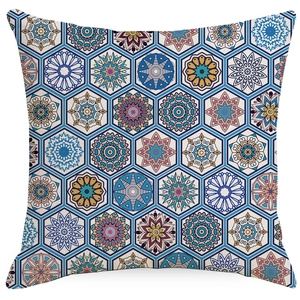 Boho-Kissenbezug aus Leinen mit blauem und ockerfarbenem Mandala-Geometriemuster